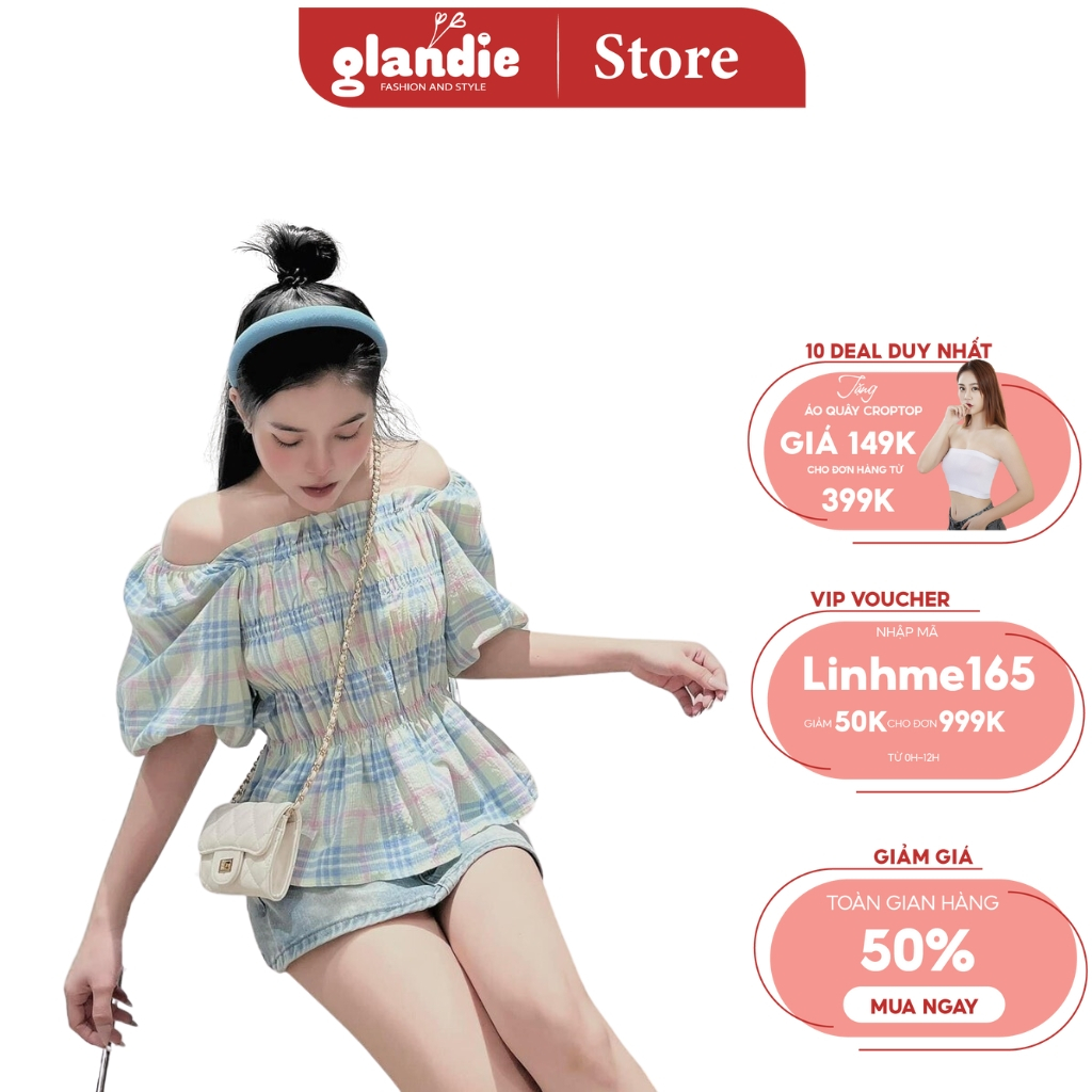 Áo kiểu kẻ xanh Glandie tay bồng, chun thân trước