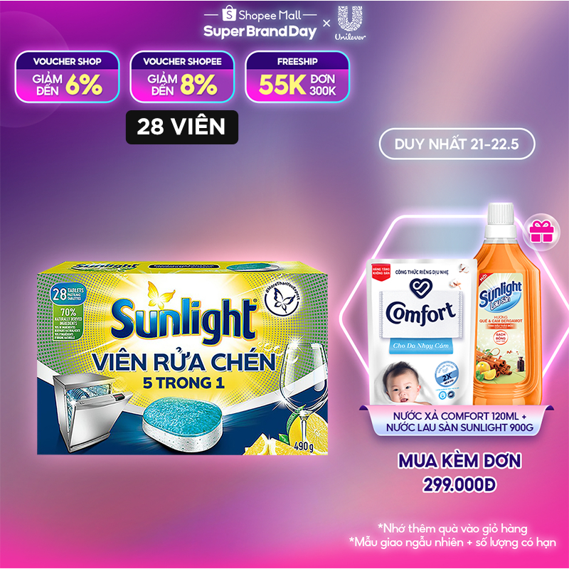 Hộp Viên Rửa Chén Sunlight 5 in 1 Dành Cho Máy Rửa Chén (28 Viên/Hộp)