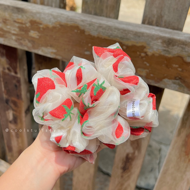 Buộc Tóc Scrunchies Voan Lưới 2 Lớp Vải 🍓DÂU TÂY🍓 Size 12cm