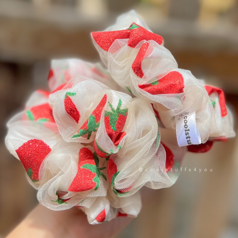 Buộc Tóc Scrunchies Voan Lưới 2 Lớp Vải 🍓DÂU TÂY🍓 Size 12cm