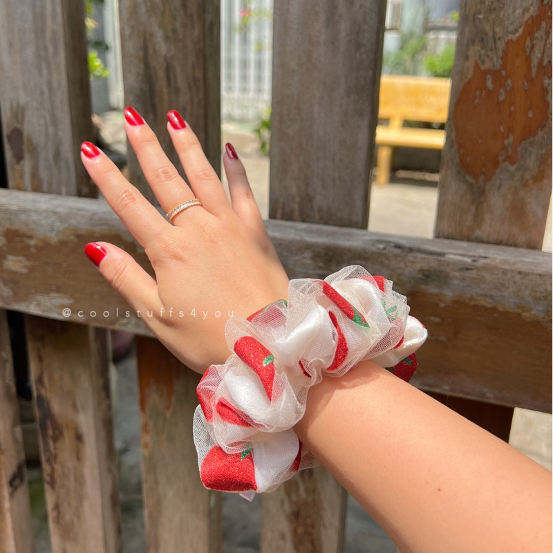 Buộc Tóc Scrunchies Voan Lưới 2 Lớp Vải 🍓DÂU TÂY🍓 Size 12cm