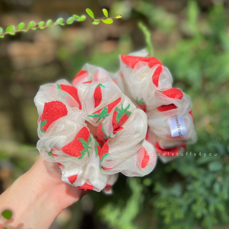 Buộc Tóc Scrunchies Voan Lưới 2 Lớp Vải 🍓DÂU TÂY🍓 Size 12cm