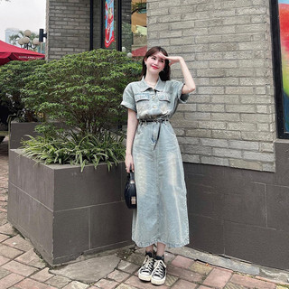 Đầm Jeans, Váy Bò Dáng Dài Cổ Sơ Mi Kèm Đai Hàng Quảng Châu V4035 - TVXQC
