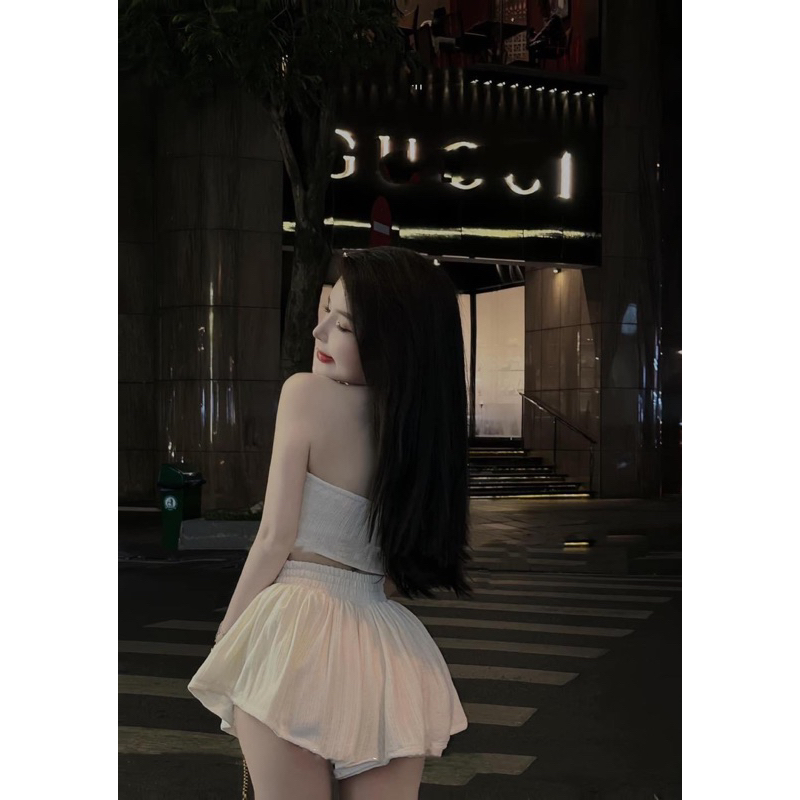 Set áo quây nữ đan dây mắt cáo quần xoè có túi siêu xinh