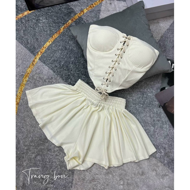 Set áo quây nữ đan dây mắt cáo quần xoè có túi siêu xinh