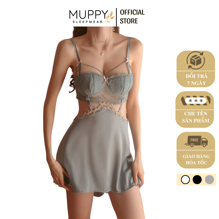 V02 Đầm Ngủ Phối Ren MUPPY 2 Dây Sexy Hở Lưng Phong Cách Gợi Cảm Hàng QC Cao Cấp