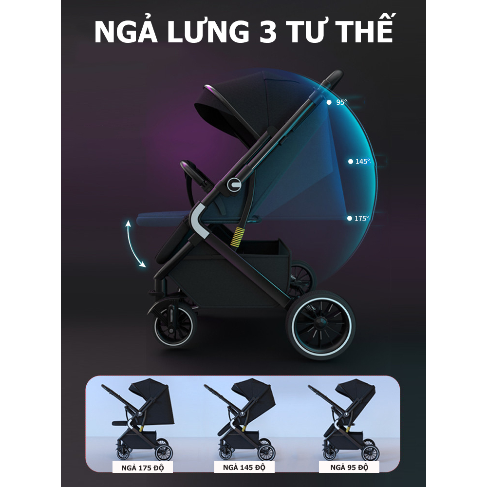 Xe đẩy đôi em bé 2 chiều ngả lưng 3 tư thế cho bé BaBy gấp gọn thành vali kéo, siêu chắc chịu lực 40kg