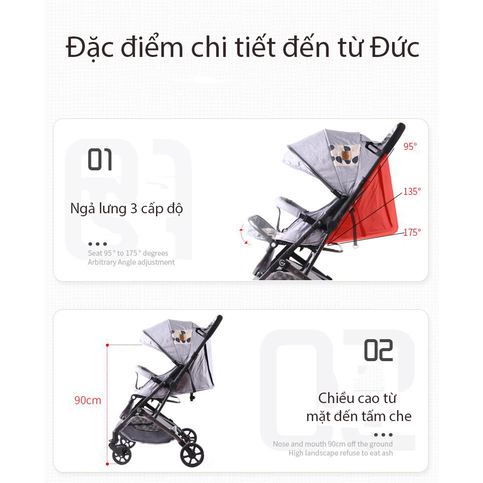 Xe đẩy đôi em bé gấp gọn 2 chiều 3 tư thế gấp gọn, siêu nhẹ, trọng tải 50kg FLY thiết kế Đức
