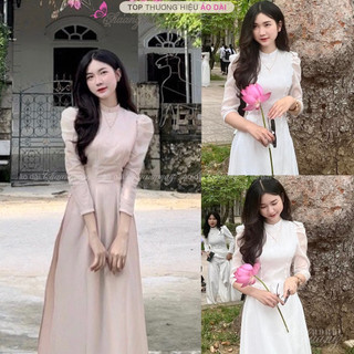 Áo dài trắng học sinh nữ da nâu đất may sẵn lụa mềm 4 tà tay vai bồng đi học dự tiệc lễ tết đẹp