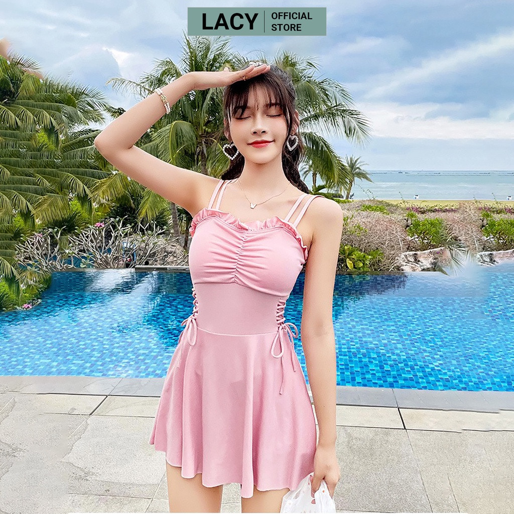 Đồ bơi nữ 1 mảnh liền thân dáng váy 2 dây kép kín đáo có mút đệm ngực và quần đùi trong váy thun co giãn B134 LACY