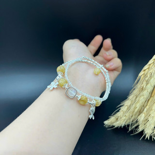 Vòng tay phong thuỷ t.a tóc vàng mix đá thạch anh trắng phối bạc 925