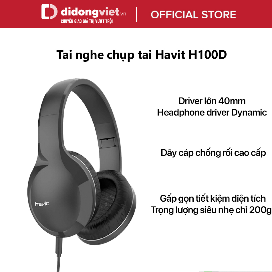 Tai nghe chụp tai Havit H100D - Thiết kế gấp gọn, Driver Dynamic 40mm, Trọng lượng siêu nhẹ, Bảo hành 12 tháng