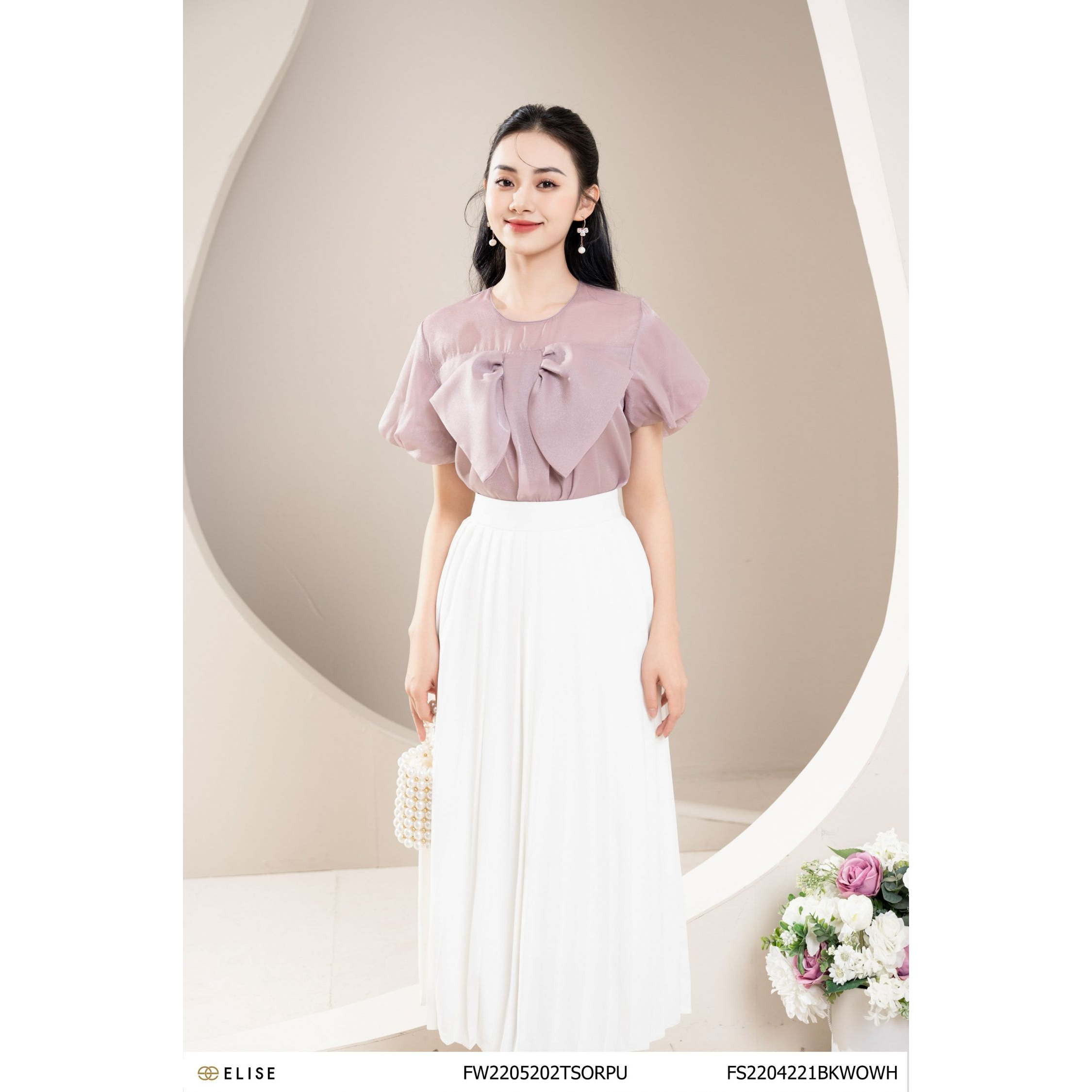 Áo sơ mi tơ tím nơ ngực thiết kế Elise FW2205202TSORPU