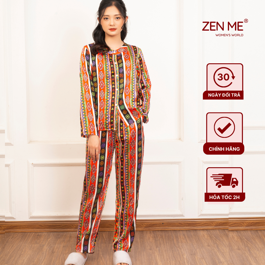 Đồ Bộ Nữ Cổ Tàu Họa Tiết Thổ Cẩm Lạ Mắt Chất Liệu Lụa Satin Cao Cấp PJD1221, Zen Me Women's World