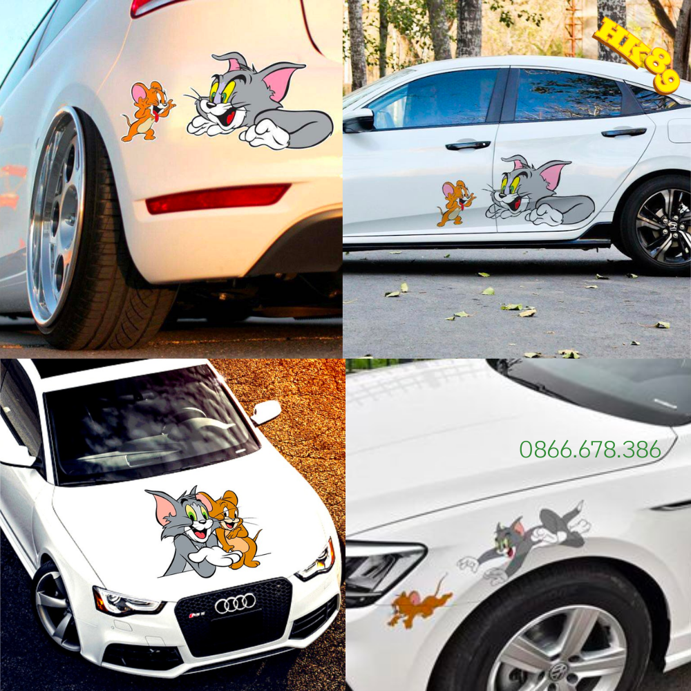 Tem xe Tom&Jerry - Decal 3 lớp, Phản quang 7 màu