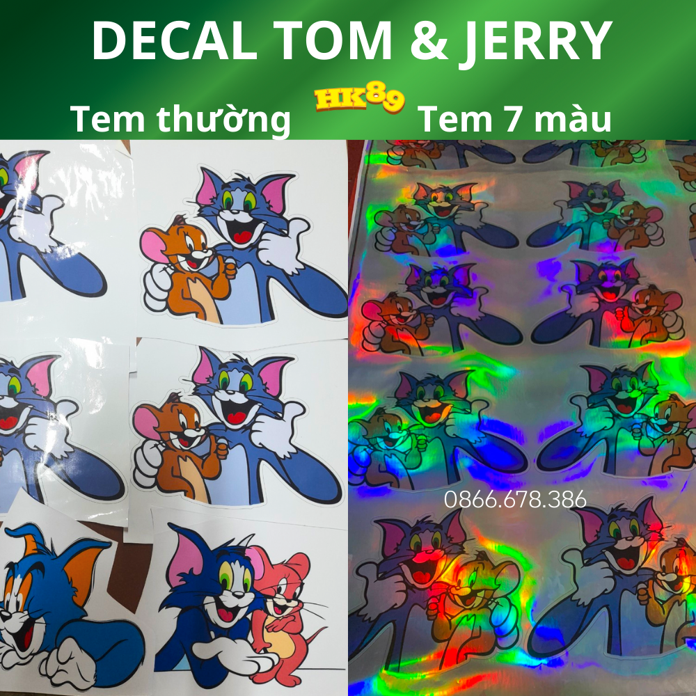 Tem xe Tom&Jerry - Decal 3 lớp, Phản quang 7 màu