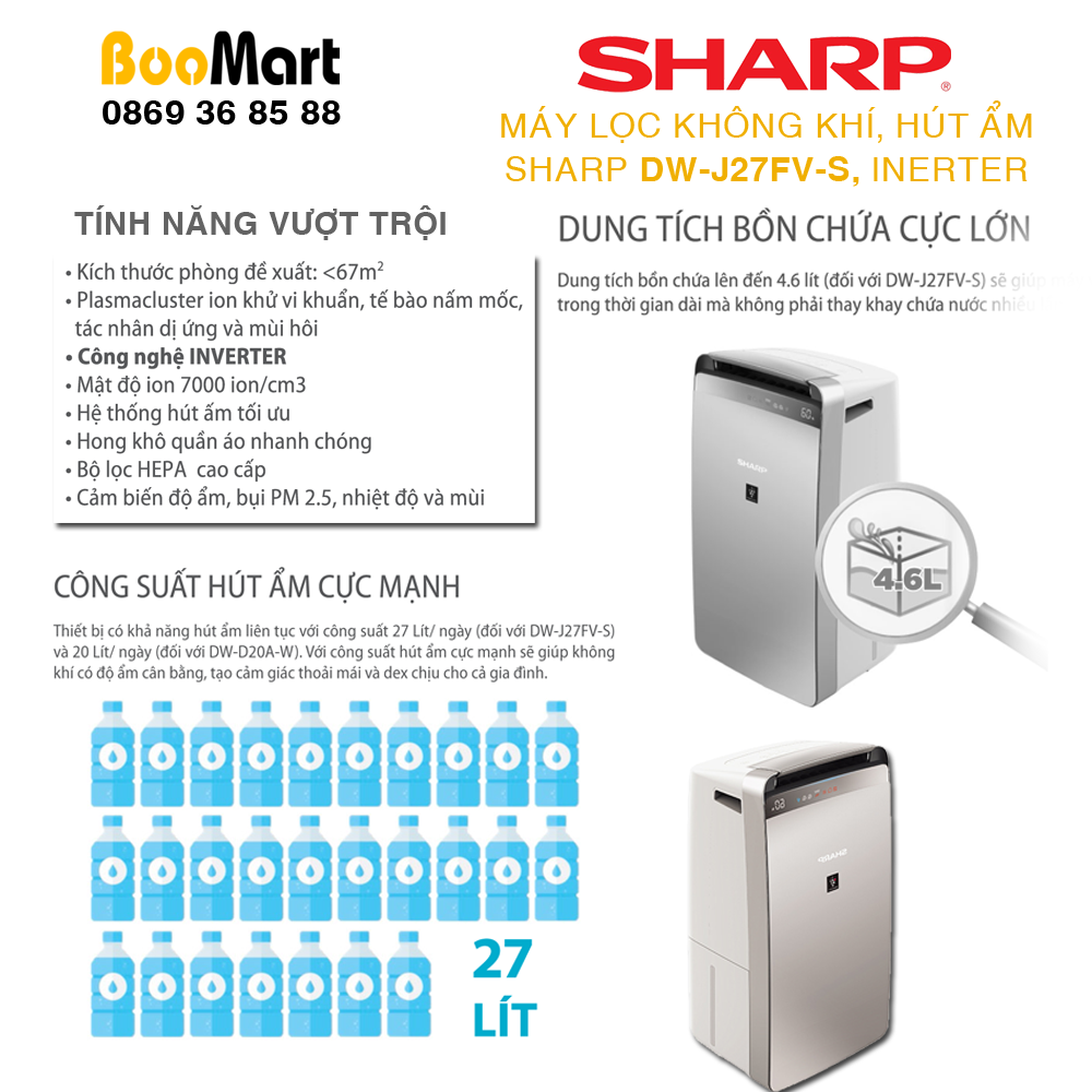 Máy lọc không khí và hút ẩm SHARP DW-J27FV-S, inverter tiết kiệm điện, hàng chính hãng, bảo hành 12 tháng | BigBuy360 - bigbuy360.vn