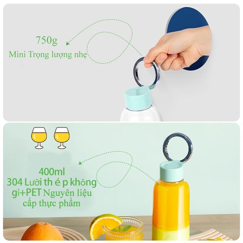 Máy Xay Sinh Tố Cầm Tay Mini HYUNDAI, Máy Xay Đa Năng Sạc Tích Điện 4 Lưỡi, Công Suất Lớn, Pin Trâu, Nhựa Tritan An Toàn