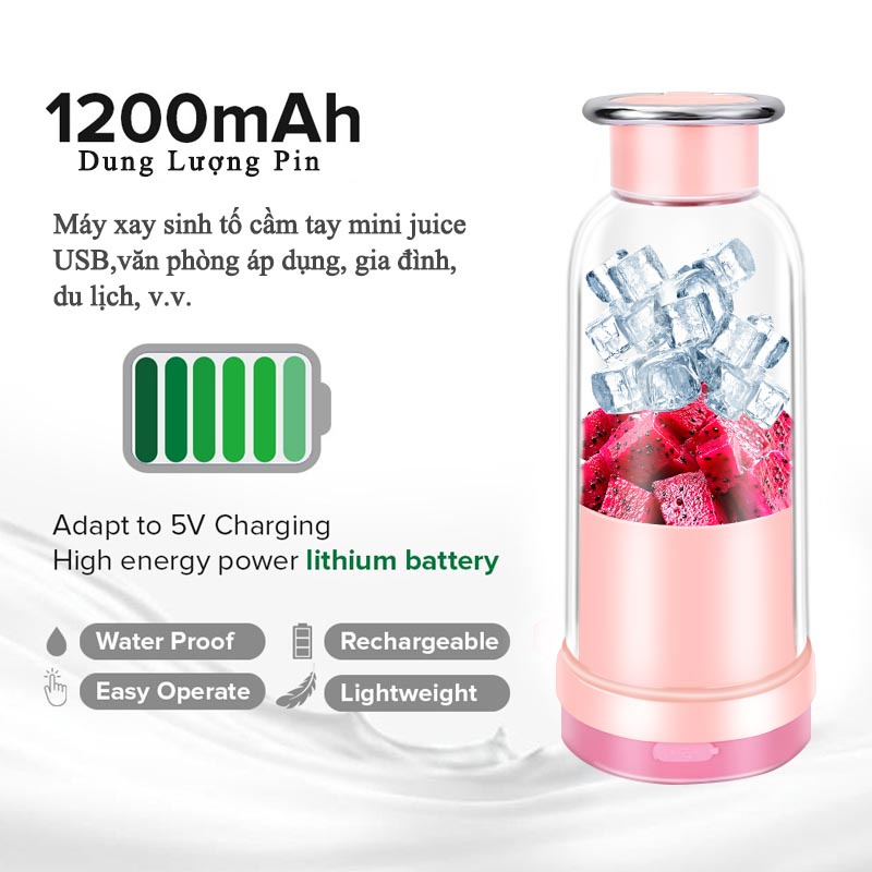 Máy Xay Sinh Tố Cầm Tay Mini HYUNDAI, Máy Xay Đa Năng Sạc Tích Điện 4 Lưỡi, Công Suất Lớn, Pin Trâu, Nhựa Tritan An Toàn