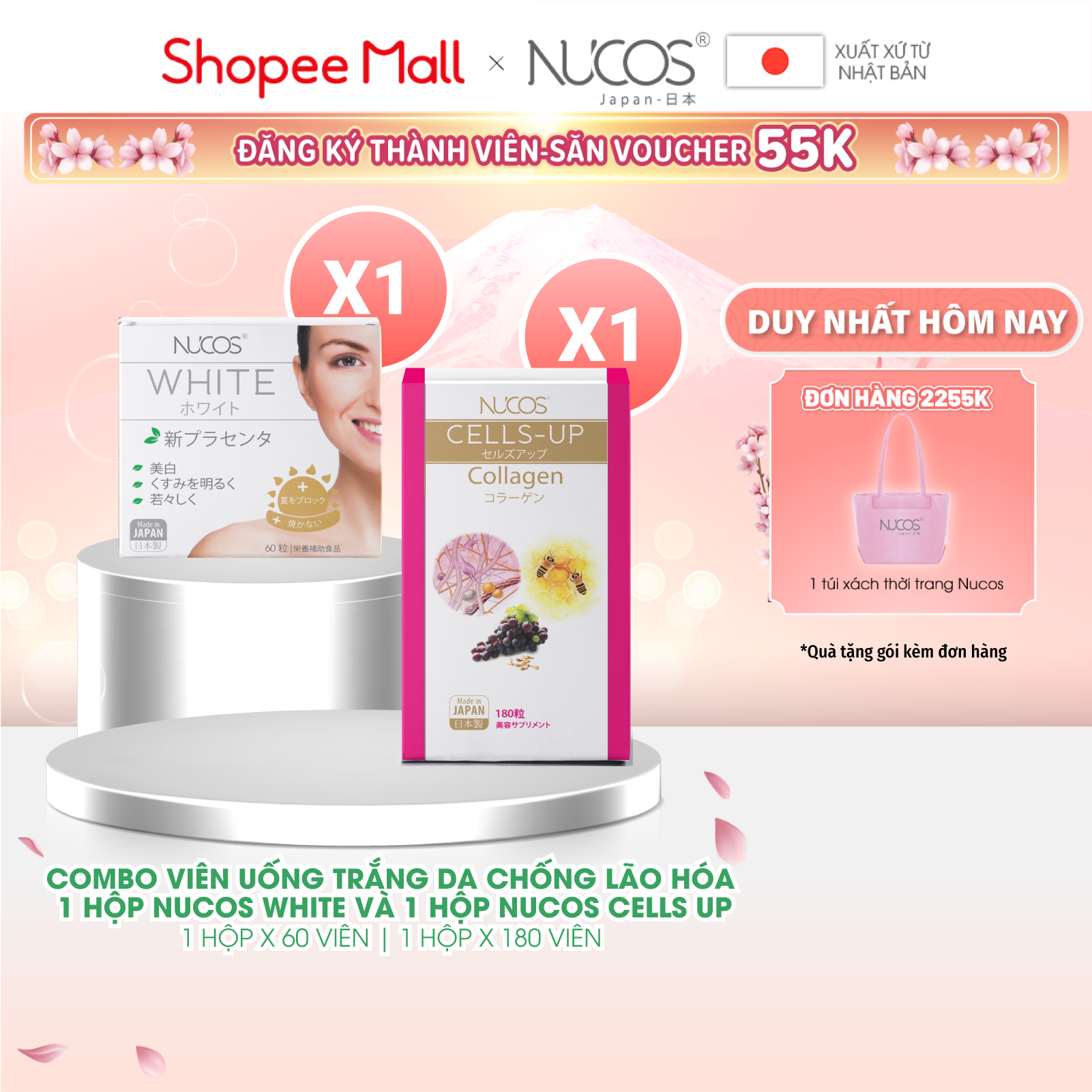 Combo viên uống trắng da chống lão hóa Nucos White và Nucos Cells Up 2 hộp