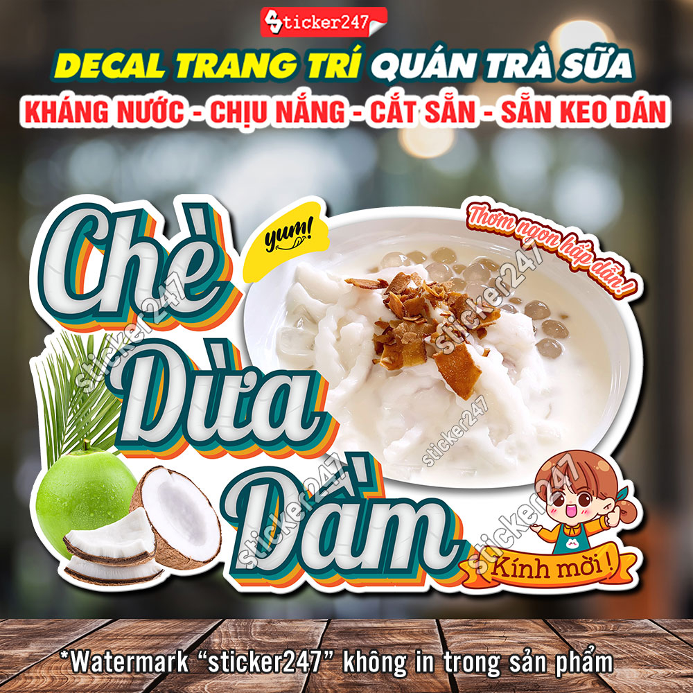 Tranh Dán Tường Chè Dừa Dầm 🌈 Hình Dán Decor Trang Trí Quán Chè, Quán Trà Sữa, Quán Nước - Decal Chè