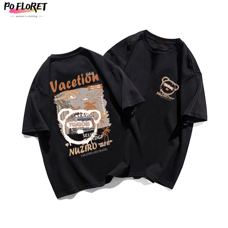 PO FLORET Áo thun unisex rộng vacation bear in Oversize áo phông nữ 100%Cotton