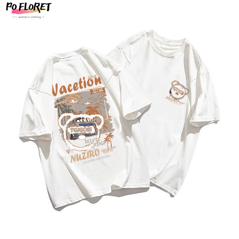 PO FLORET Áo thun unisex rộng vacation bear in Oversize áo phông nữ 100%Cotton