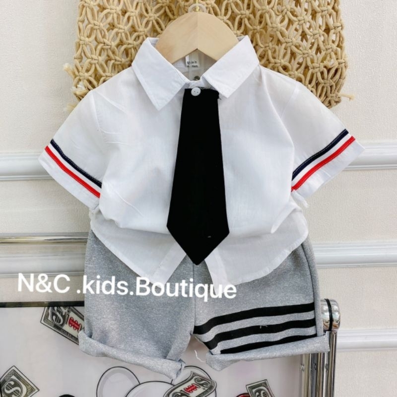 Set bộ công tử cho bé trai mùa hè, áo sơ mi quần kèm phối cà vạt rời cho bé trai từ 1 - 6 tuổi