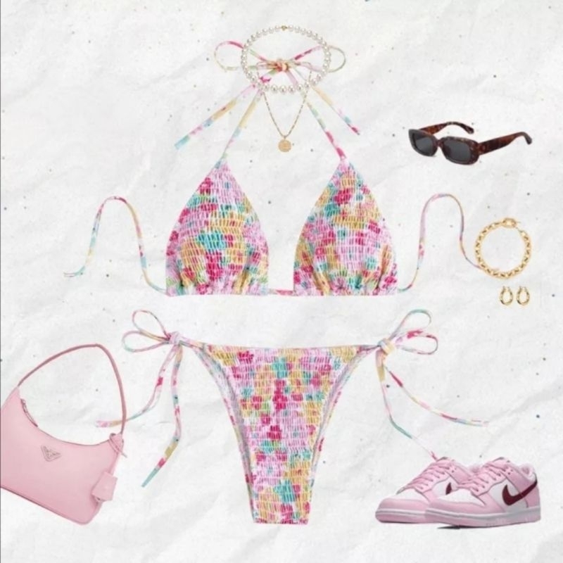 Bikini Tam Giác Hoa Nhí Pastel Nhún Ngực Sexy