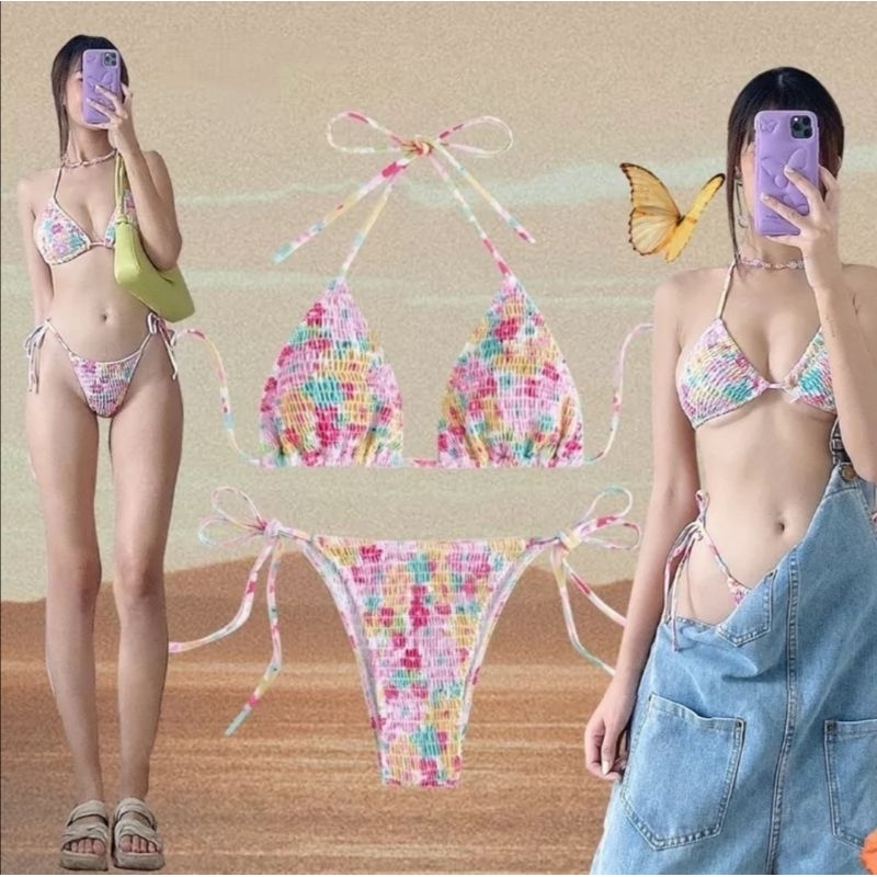 Bikini Tam Giác Hoa Nhí Pastel Nhún Ngực Sexy