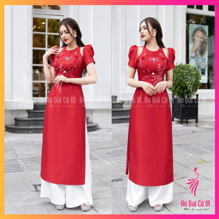 Áo dài truyền thống vải lụa mỹ xẻ vai đính hoa hàng may sẵn