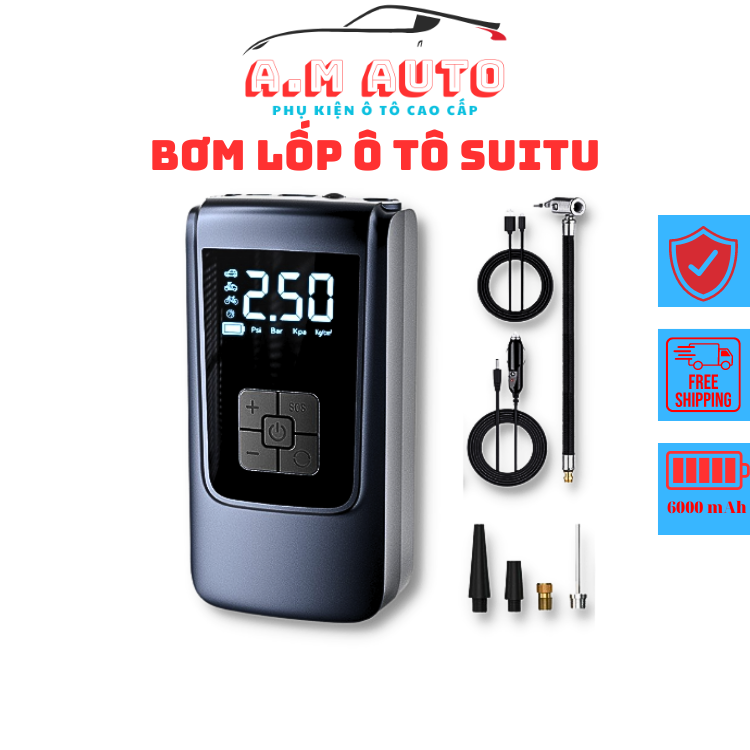 Bơm lốp ô tô không dây Suitu, Pin 6000mah, hỗ trợ xạc dự phòng, đèn LED, màn hình LCD, tự ngắt, cài áp suất bơm