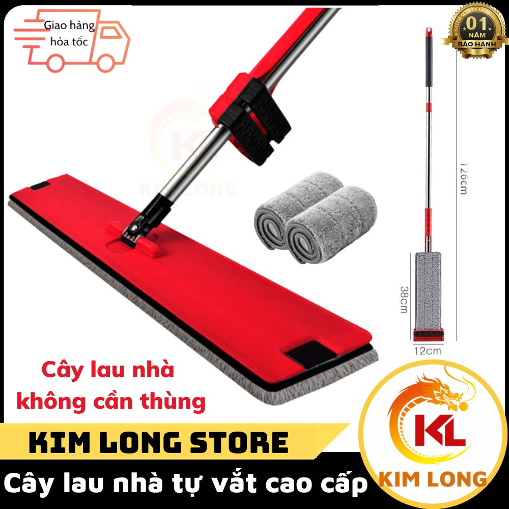 Cây lau nhà tự vắt thông minh không cần thùng, chổi lau nhà 360 độ tự vắt không cần thùng - tặng 2 bông lau- Kim long