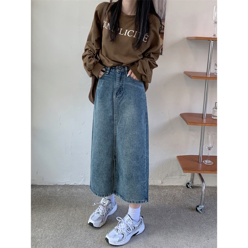 Chân váy jean nữ Dáng dài Xẻ trước Chữ A Lưng cao Hàn Quốc Váy bò midi dài Cạp cao xẻ Ulzzang Thời trang