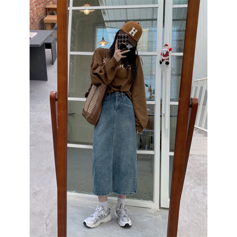 Chân váy jean nữ Dáng dài Xẻ trước Chữ A Lưng cao Hàn Quốc Váy bò midi dài Cạp cao xẻ Ulzzang Thời trang