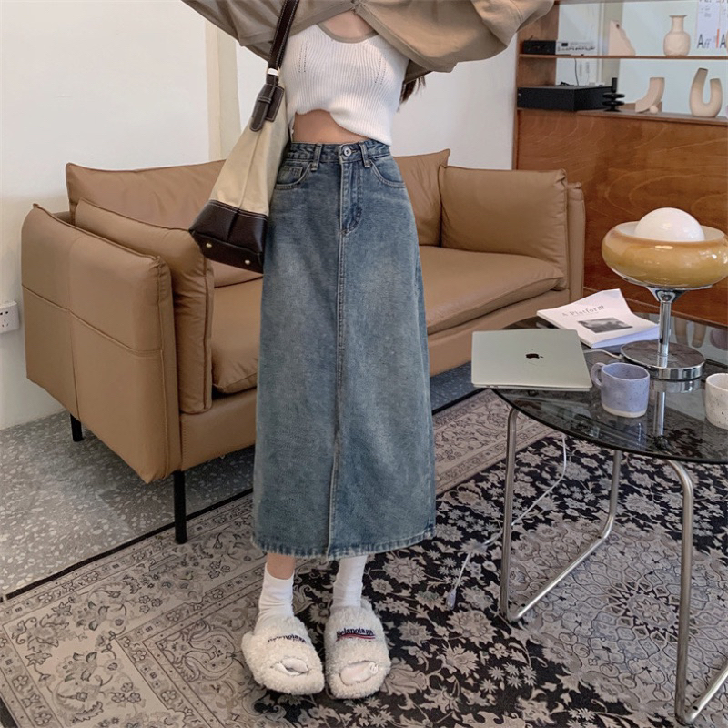 Chân váy jean nữ Dáng dài Xẻ trước Chữ A Lưng cao Hàn Quốc Váy bò midi dài Cạp cao xẻ Ulzzang Thời trang