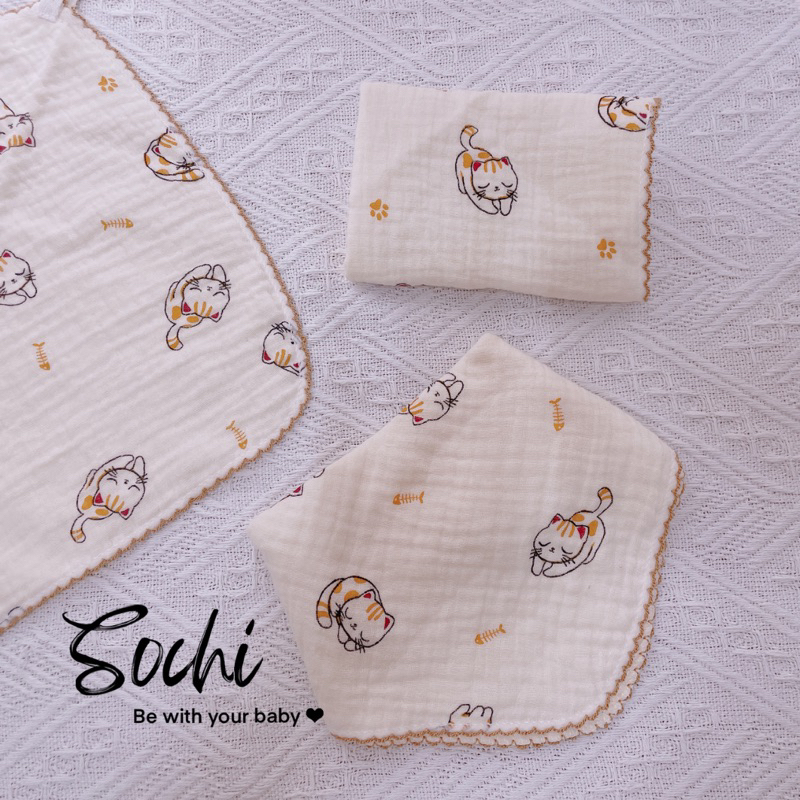 Set 3 khăn yếm giác đa năng vải xô muslin có khuy điều chỉnh họa tiết đáng yêu cho bé SoChi_Kids