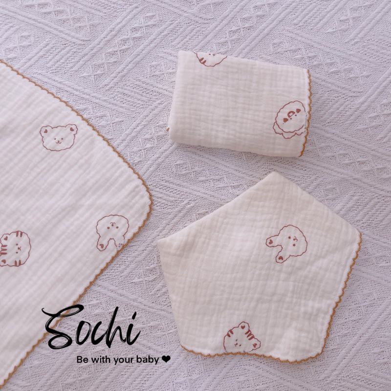 Set 3 khăn yếm giác đa năng vải xô muslin có khuy điều chỉnh họa tiết đáng yêu cho bé SoChi_Kids