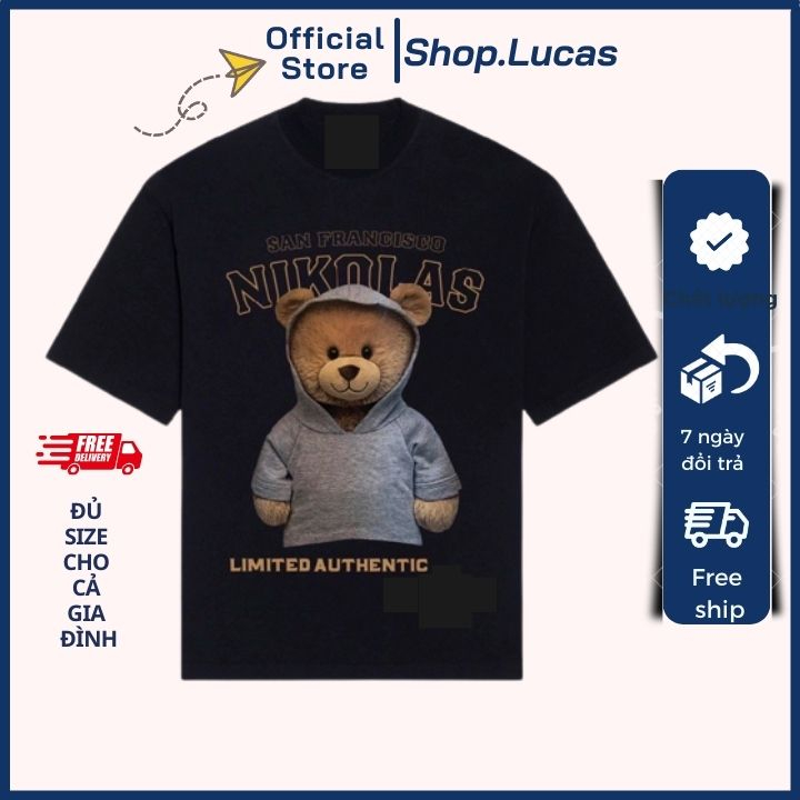 Áo Thun Nam Nữ Unisex TEDDY NIKOLAS GẤU TRÙM NÓN, Áo Đồng Phục, Áo Cặp Gia Đình, Áo Phông Đôi Đen Trắng - shop.lucas