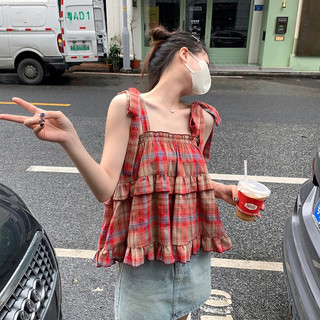 Aó kiểu hai dây kẻ đỏ, đầm kẻ caro babydoll hai dây bản to viền bèo thắt nơ ở vai cute Hàn QUỐC