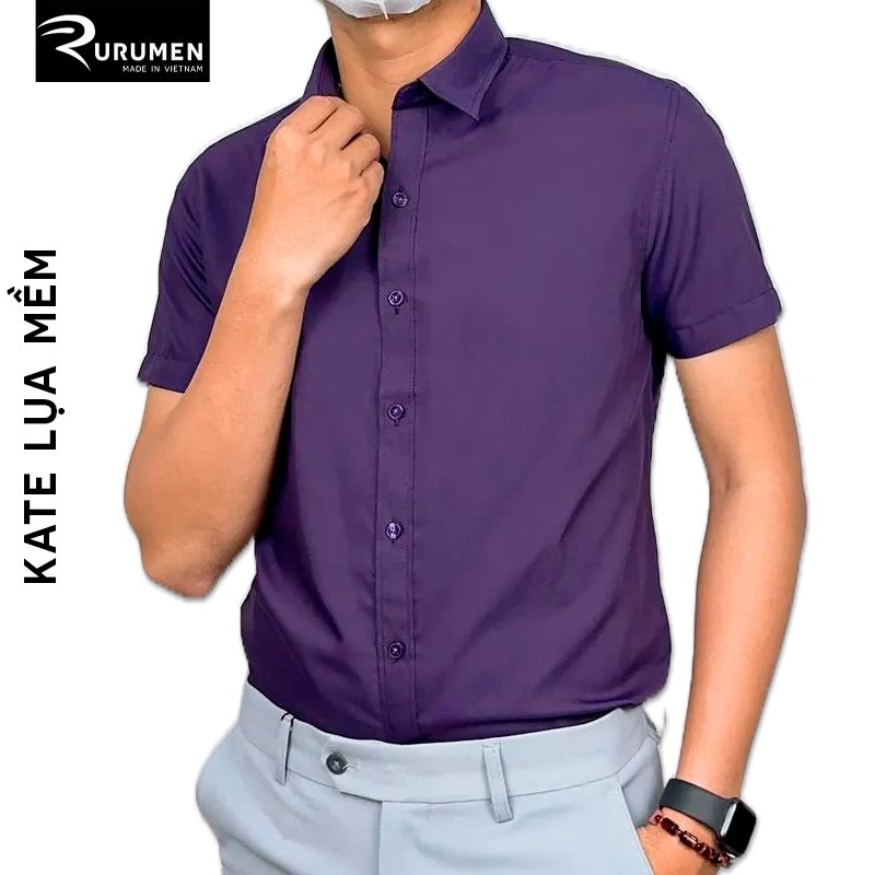 Áo Sơ Mi Nam Tay Ngắn Trơn RURUMEN Chất Kate Lụa VNXK Màu Xanh Đen, Đỏ Đô, Tím, Xanh Biển