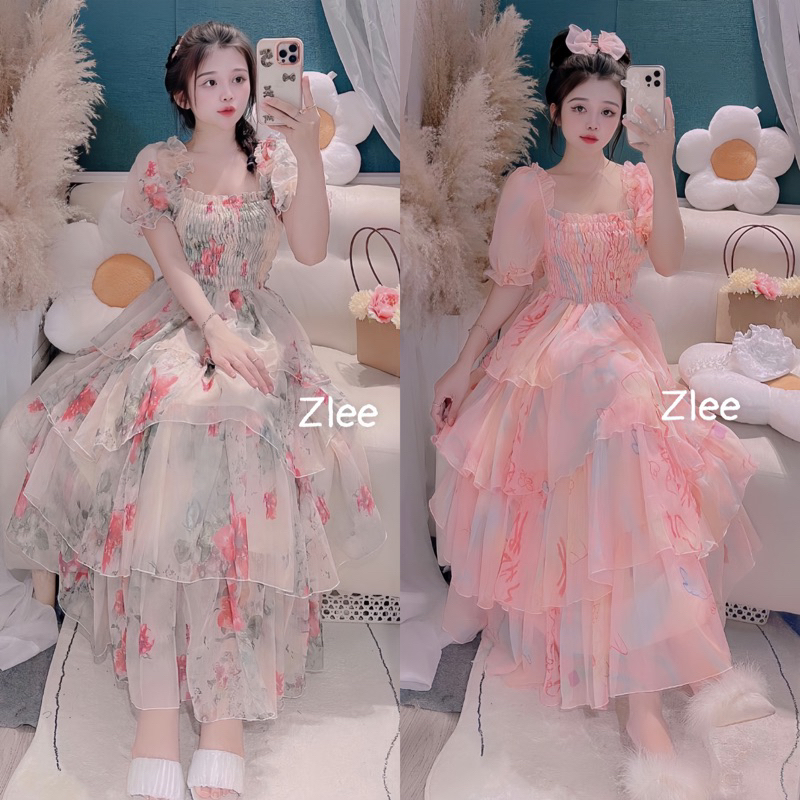 Váy tơ hoa chun ngực tay phồng xoè tầng dáng dài, váy maxi chun ngực xoè tầng công chúa (Ảnh thật)