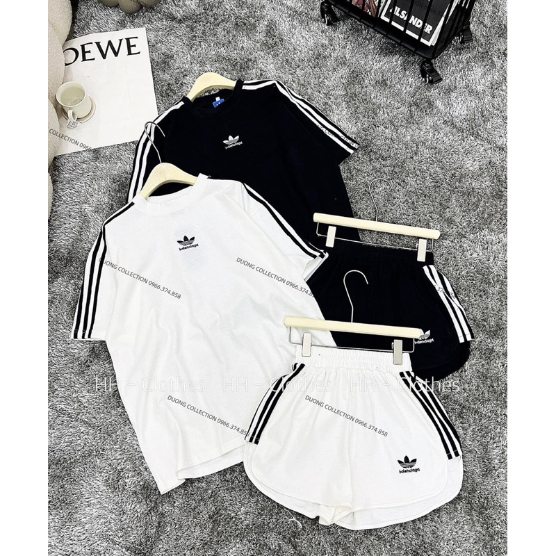 Set Bộ Thể Thao Áo Phông Adidas Mix Quần Sooc Đùi Ống Rộng Phối Sọc Freesize