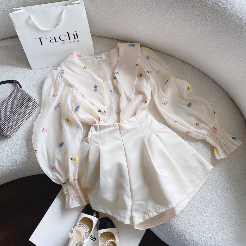 Set áo thêu hoa + quần nude - Chitchitstore