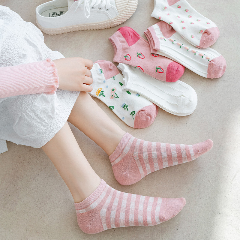 Tất cổ ngắn cotton màu hồng họa tiết hoa đáng yêu đi giáy lười cho nữ TV011