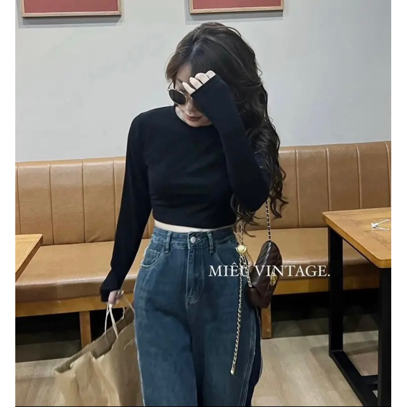 Áo croptop tay dài chất tăm mềm tay xỏ ngón