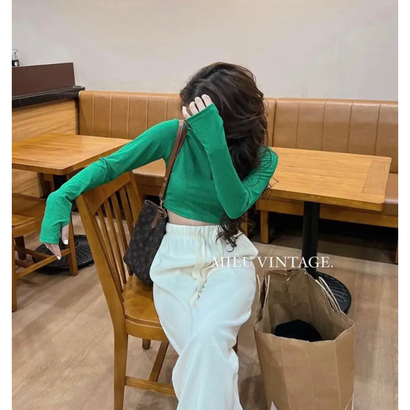 Áo croptop tay dài chất tăm mềm tay xỏ ngón
