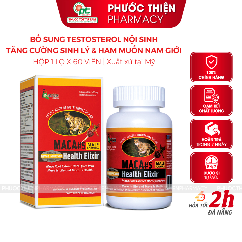 Viên uống tăng cường sinh lý và sức khỏe nam giới Maca 5 Peru lọ 60 Viên - Maca5 Testosterone giúp tăng ham muốn nam