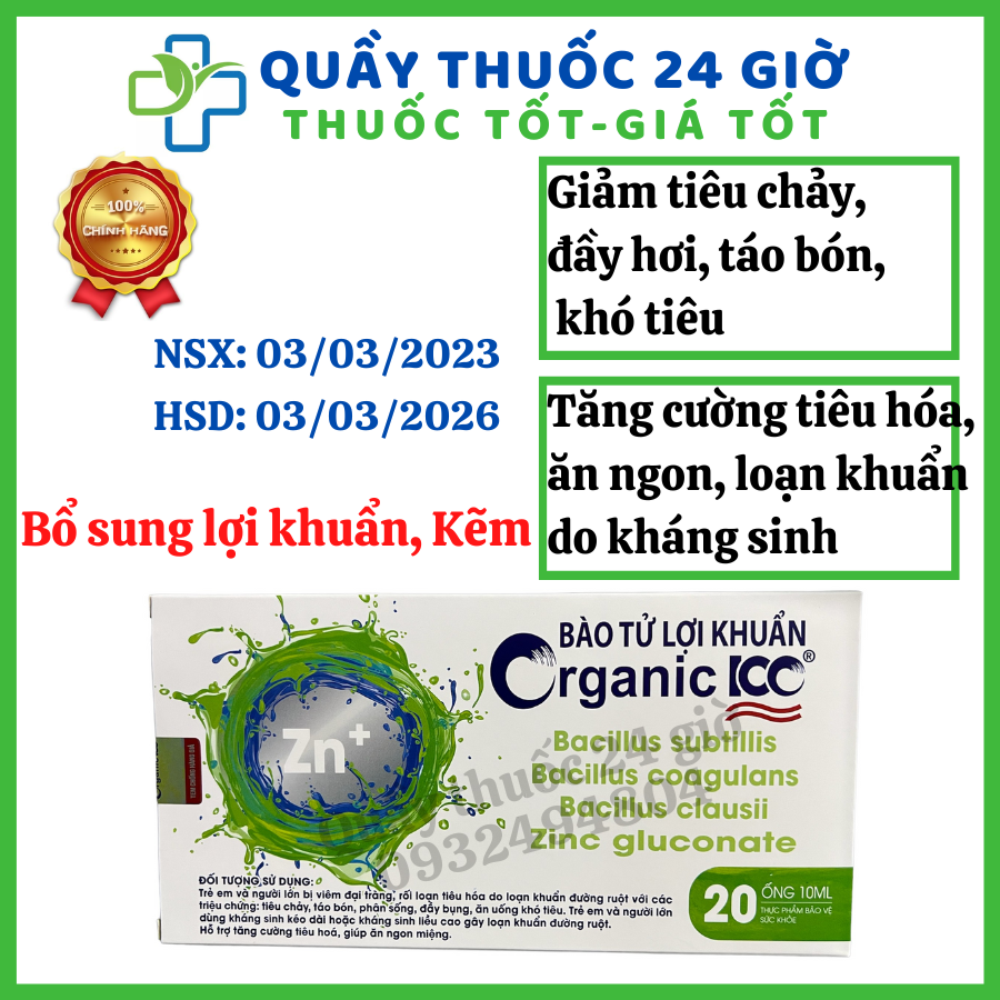 Bào tử lợi khuẩn Organic 100 Organic100 men vi sinh giúp ăn ngon, tăng cường tiêu hóa, giảm tiêu chảy, táo bón, đầy hơi