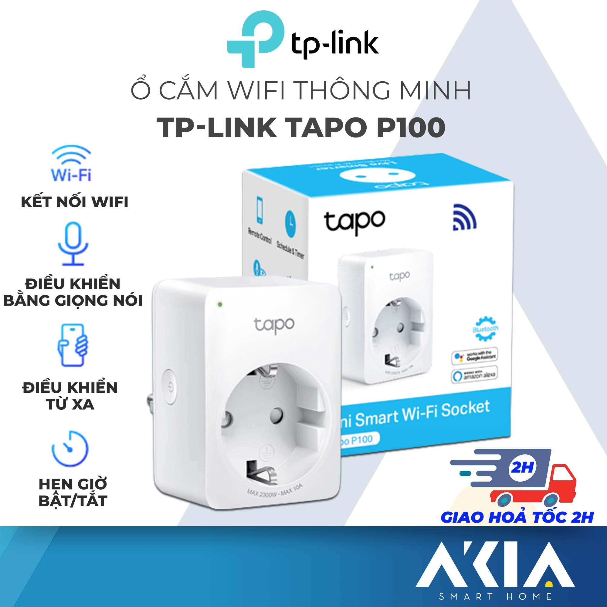 Ổ cắm wifi thông minh TP-Link Tapo P100 2300 W - 10 A, điều khiển từ xa, ra lệnh bằng giọng nói, hẹn giờ bật/ tắt